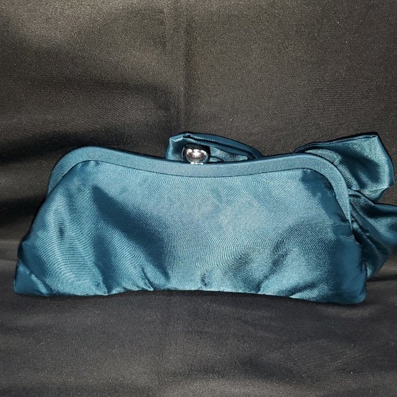 NWOT Kate Landry Turquoise  Satin Clutch Purse with Bow and strap - Picture 3 of 9